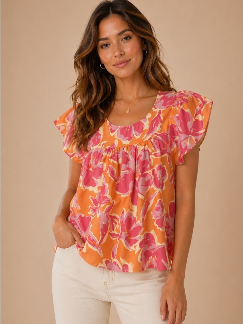 Like Love Floral Blouse S Orange Pink Flowy Boho Lightweight Spring Summer Top